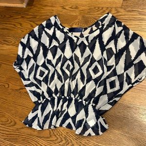 Sheer blue and white geometric shirt